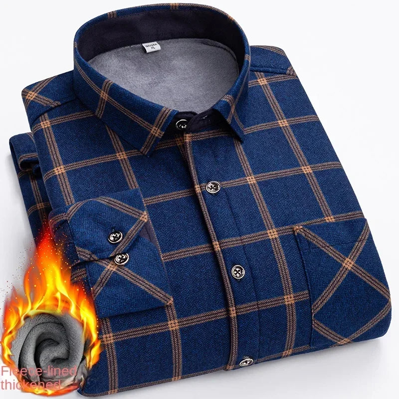2025 New in Fleece Lining Men's Double-sided Velvet Autumn Winter Plaid  Long-sleeved Shirt Winter Middle-aged and Elderly Shirt