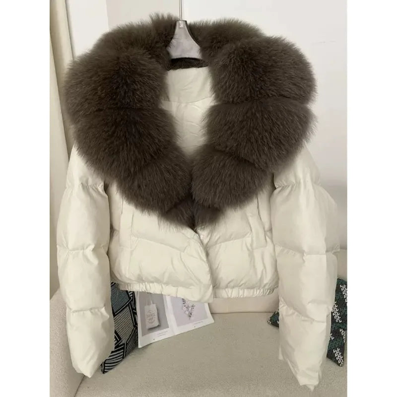 2025 Winter New Women's Short Fashion Warm Feather Cotton Clothes Anti-fox Fur Collar Jacket