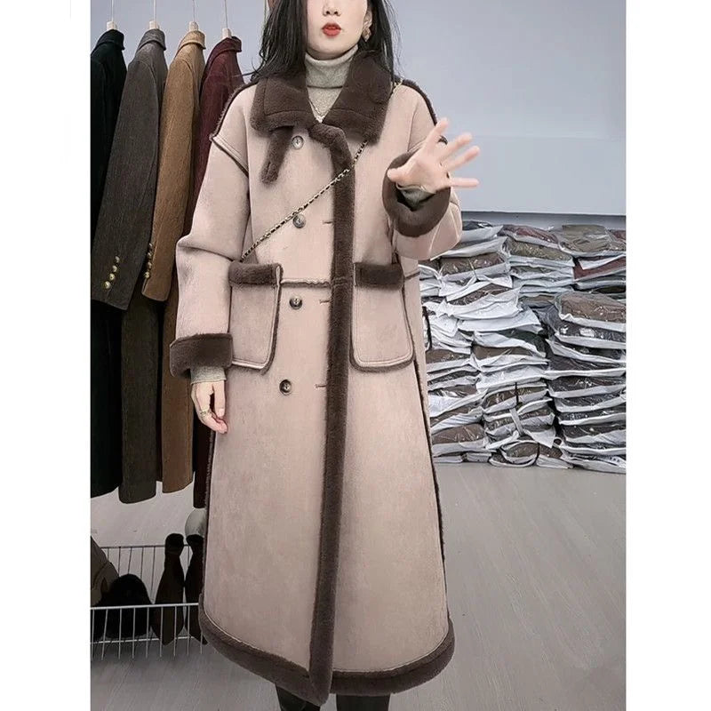 Faux Fur Coat For Women's Winter 2025 New Suede Lamb Fur Loose And Slimming Thicken Long fur Jacket wool Suede Velvet Coat Gray