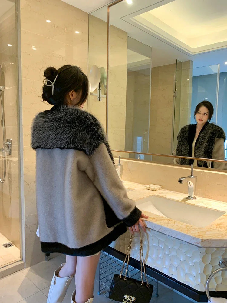 Mink Fur Jacket Women V-neck Single Breast Big Pockets Coat Splicing Mid Length Casual Outerwear 2024 Winter New Fashion