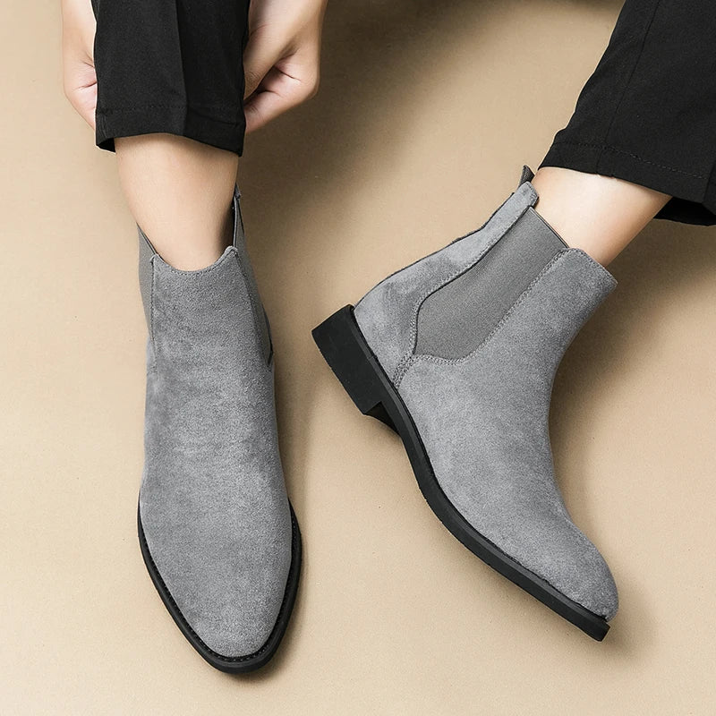 New Gray Chelsea Boots for Men  Flock Business Men Ankle Boots Cowboy Boots Handmade Men Boots Size 38-46 Free Shipping