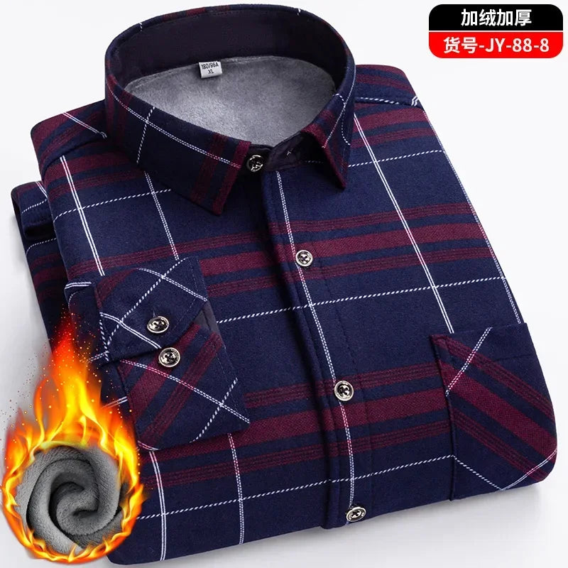 2025 New in Fleece Lining Men's Double-sided Velvet Autumn Winter Plaid  Long-sleeved Shirt Winter Middle-aged and Elderly Shirt