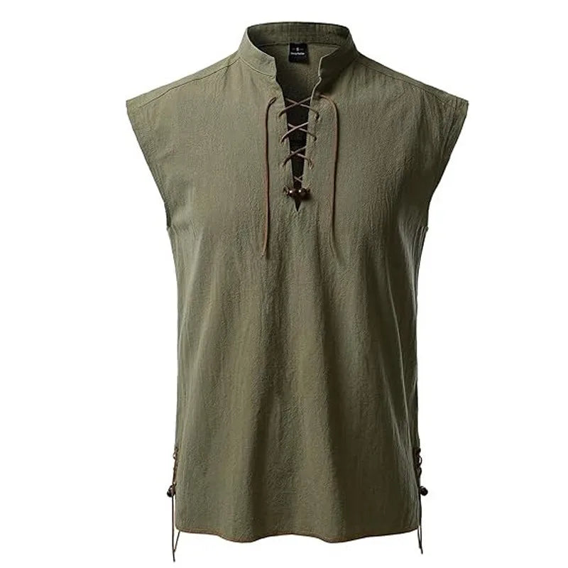 Summer Shirt Cotton Linen Sleeveless Men's Retro Casual Tanks Tops Lace Up Mandarin Collar Renaissance Vikings Pirate Costume