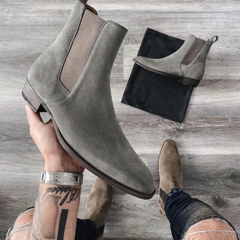 New Gray Chelsea Boots for Men  Flock Business Men Ankle Boots Cowboy Boots Handmade Men Boots Size 38-46 Free Shipping