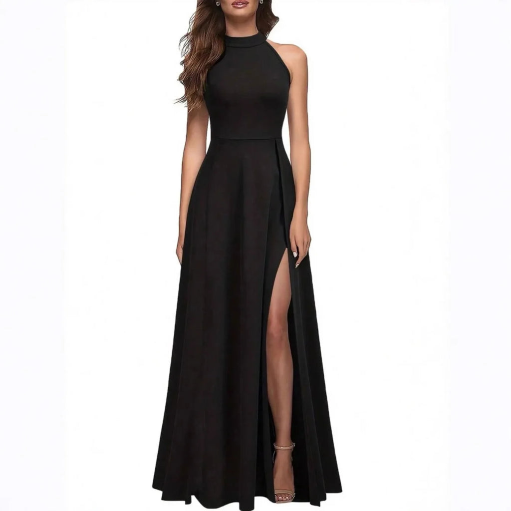 Solid Color High Neck Side Slit Long Evening Gown for Women - Slimming Elegant Formal Dress for Banquets and Parties