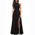 Solid Color High Neck Side Slit Long Evening Gown for Women - Slimming Elegant Formal Dress for Banquets and Parties