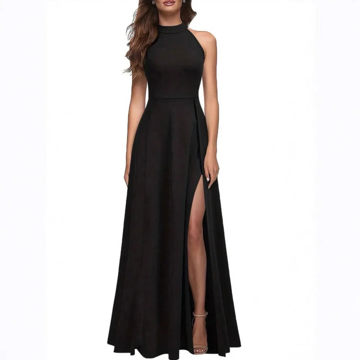 Solid Color High Neck Side Slit Long Evening Gown for Women - Slimming Elegant Formal Dress for Banquets and Parties
