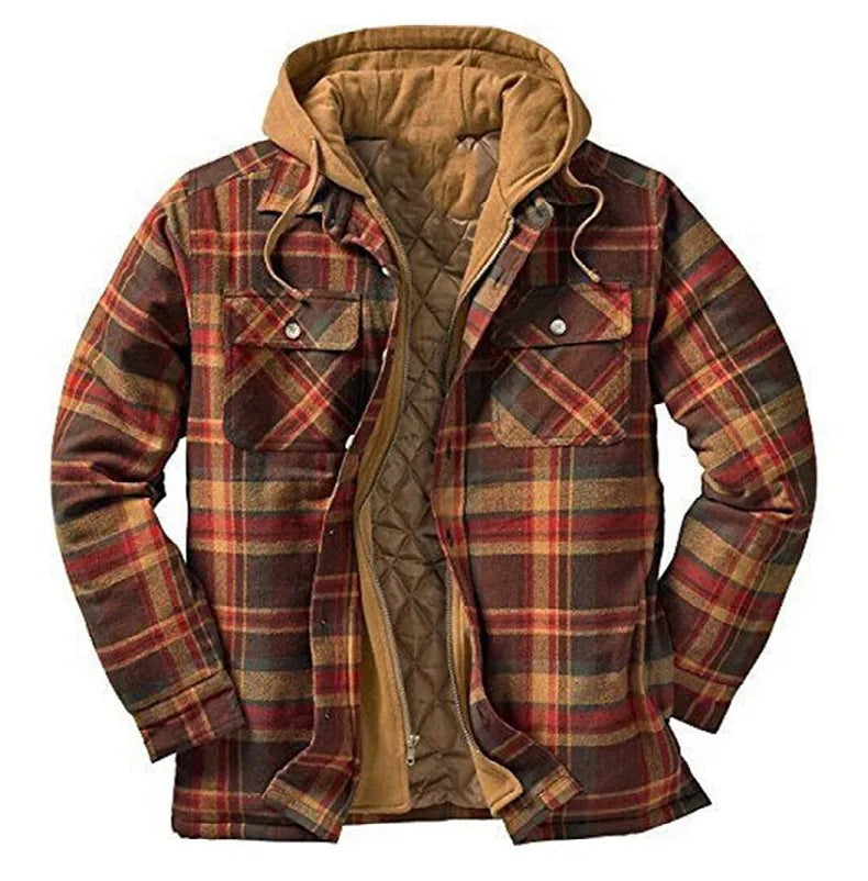 2026 Men's Winter Printed Cotton Jackets Harajuku Plaid Shirts Coats Hooded Zipper Long Sleeve Basic Casual Shirts Jackets Male