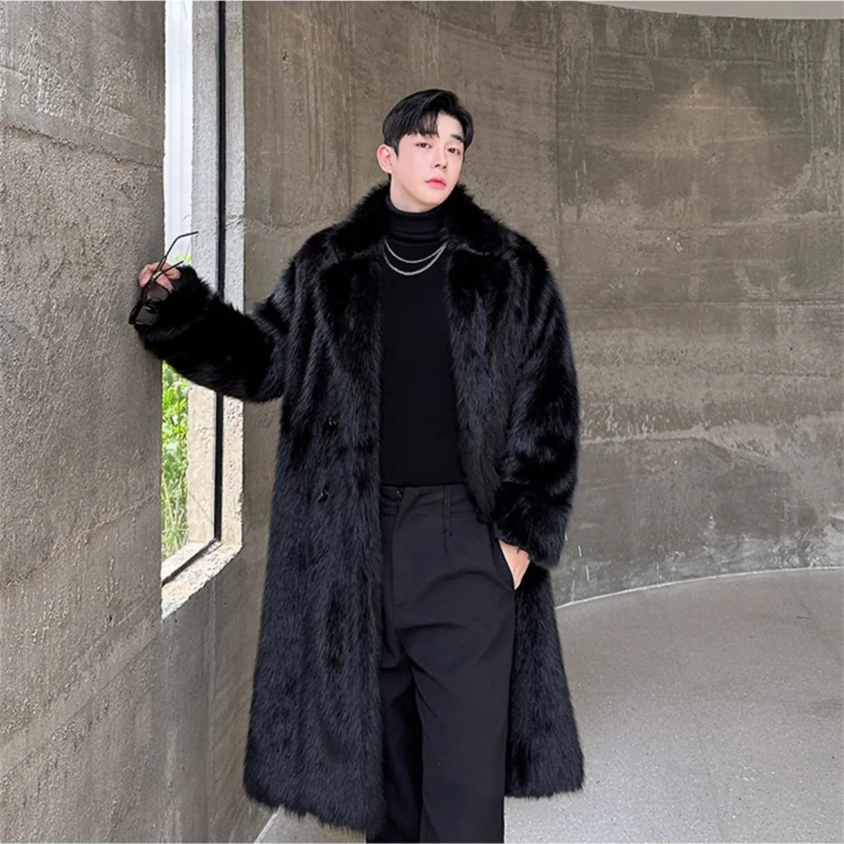 Black Faux Fur Long Coat Man Fashion Winter Thickened Warmer Fluffy Long Cotton-padded Jacket Overcoat