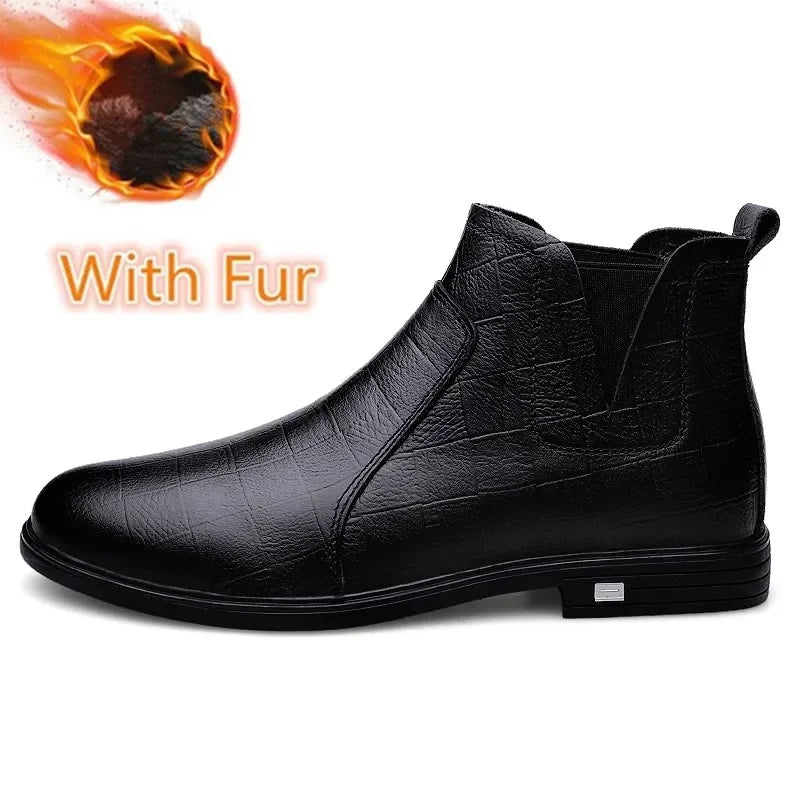 2025 New Chelsea Shoes Men Genuine Leather Boots Fur Winter Men Fashion Ankle Boots Business Casual Man Snow Boots Work Shoes