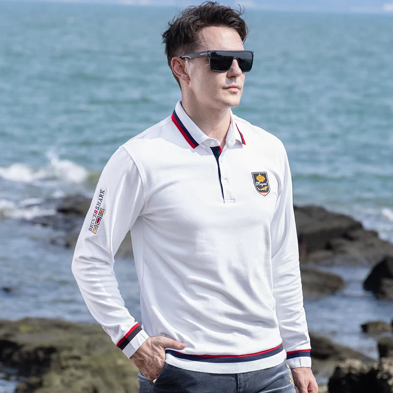 2024 New Solid Color Polo Shirts Men Thicken Stretch Cotton Polos Autumn Clothing Bruce&Shark Fashion Embroidered Men Basic Tops
