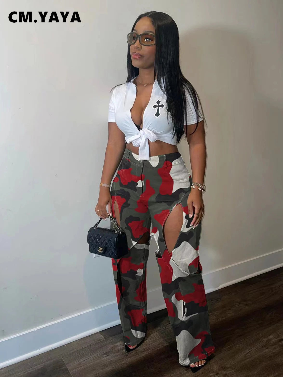 CM.YAYA Fashion women camouflage cutout cross criss straight cargo pants 2023 autumn winter safari style trousers