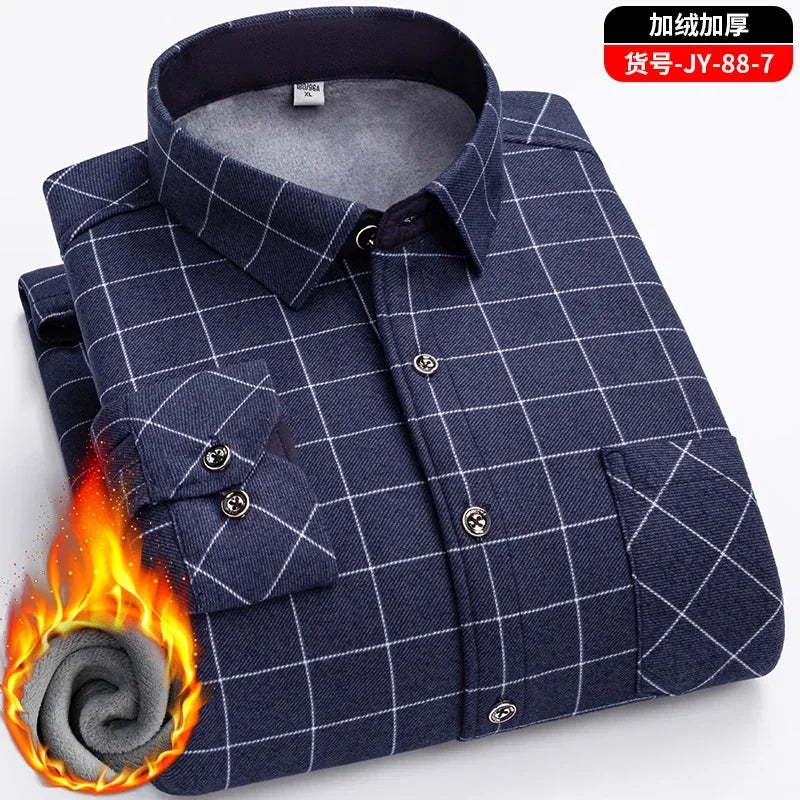 2025 New in Fleece Lining Men's Double-sided Velvet Autumn Winter Plaid  Long-sleeved Shirt Winter Middle-aged and Elderly Shirt