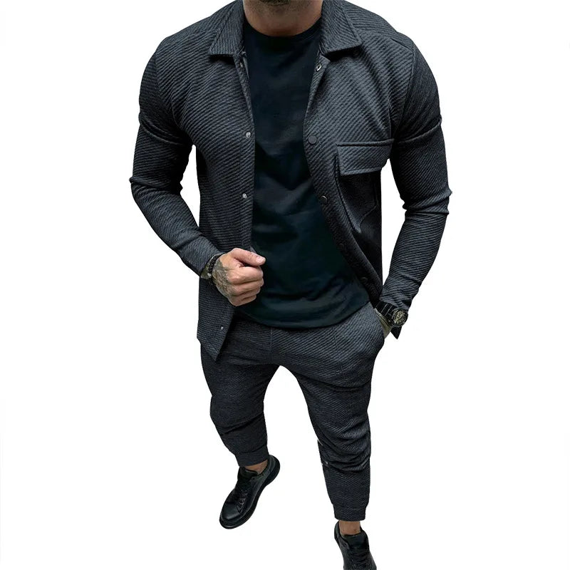 New Mens Casual Suit Heavy Twill Jacket New Solid Color Jacquard Two-piece Set for Men