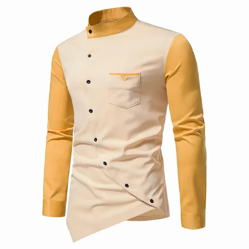 2026 Men's Casual Shirts Patchwork Irregular Oblique Button Long Sleeve Men's Dress Wedding Business Shirt Tops Chemise Homme