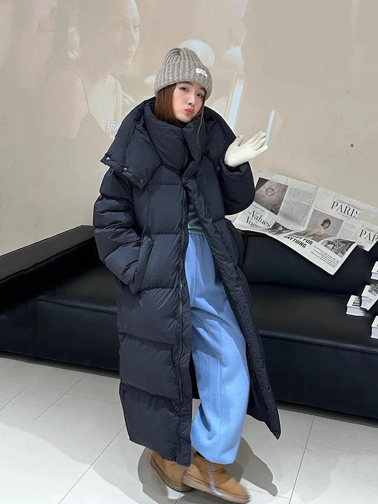 Winter Thick Long Hooded Down Jacket Female Solid Warm Outdoor Parkas Outwears Women White Duck Down Knee Length Down Jackets