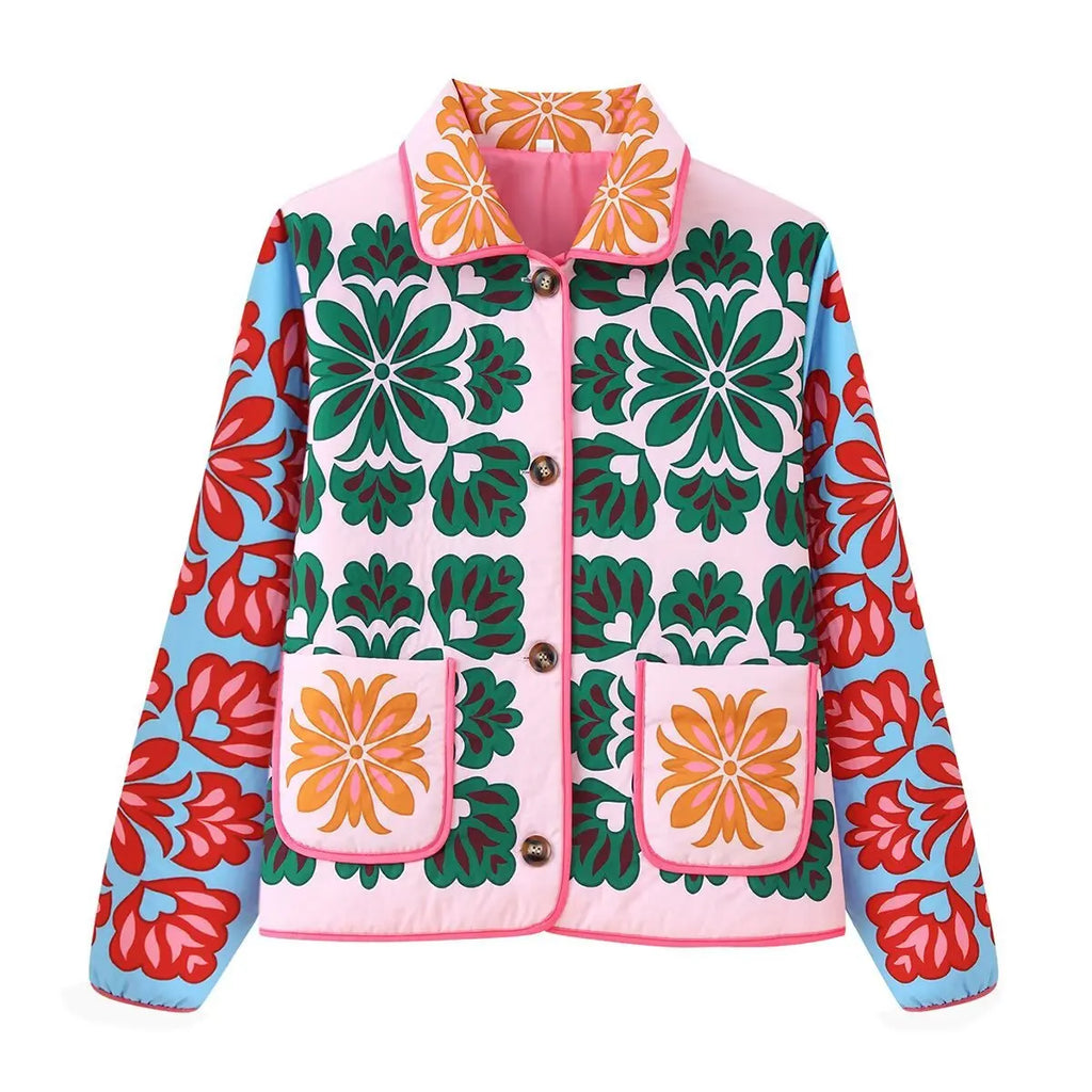 KADUWAKI Fashion Print Panelled Quilted Cotton Jacket Long Sleeve Pocket Cardigan Coat Autumn Winter Daily Casual Tops Outerwear