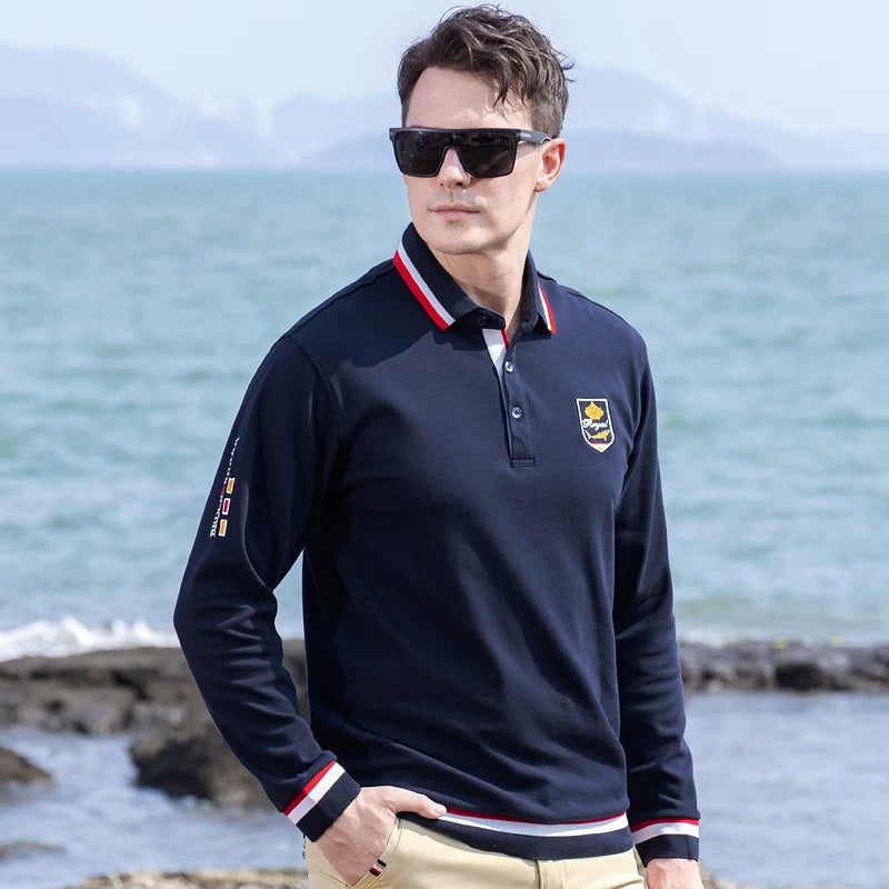 2024 New Solid Color Polo Shirts Men Thicken Stretch Cotton Polos Autumn Clothing Bruce&Shark Fashion Embroidered Men Basic Tops