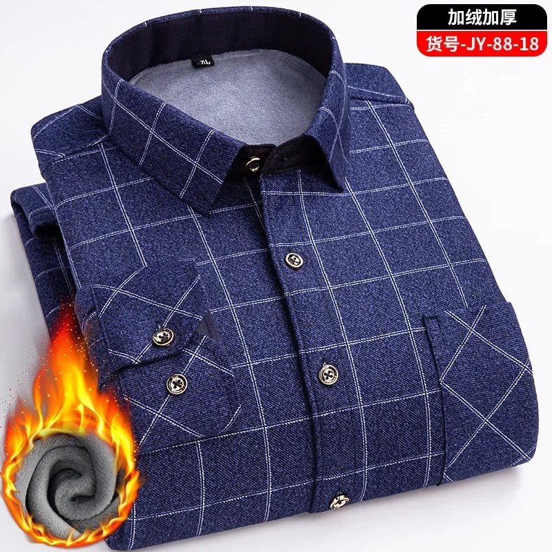 2025 New in Fleece Lining Men's Double-sided Velvet Autumn Winter Plaid  Long-sleeved Shirt Winter Middle-aged and Elderly Shirt
