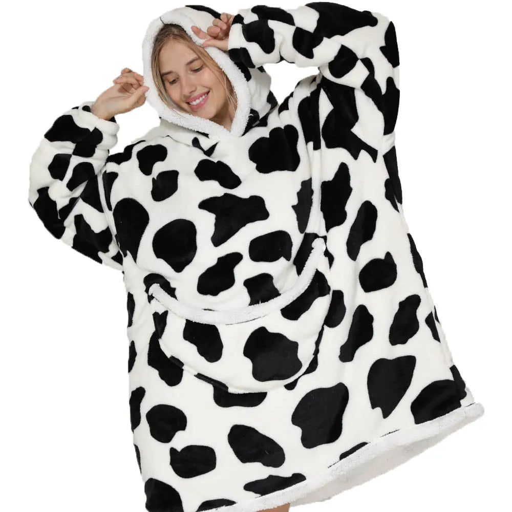 2024 Cartoon Oversized Hoodie Blanket with Sleeves Winter Warm Fleece Sweatshirt Cow Hoodies Women Men Korean Funny Print Hoodie