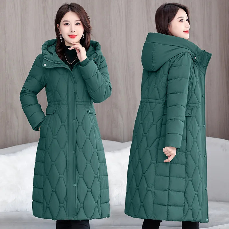 Hooded Oversize Parkas Coats Women Mid Length Jackets Diamond Quilt Zipper Pocket Waist Cinched Office Lady Casual 2025 Winter