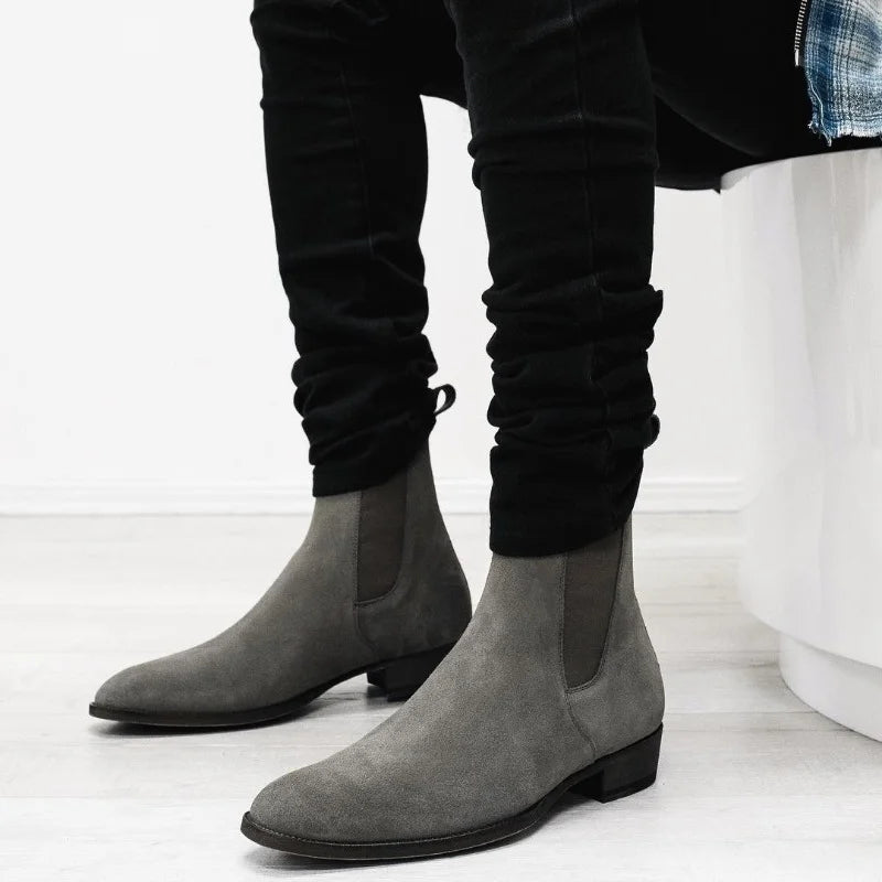 New Gray Chelsea Boots for Men  Flock Business Men Ankle Boots Cowboy Boots Handmade Men Boots Size 38-46 Free Shipping
