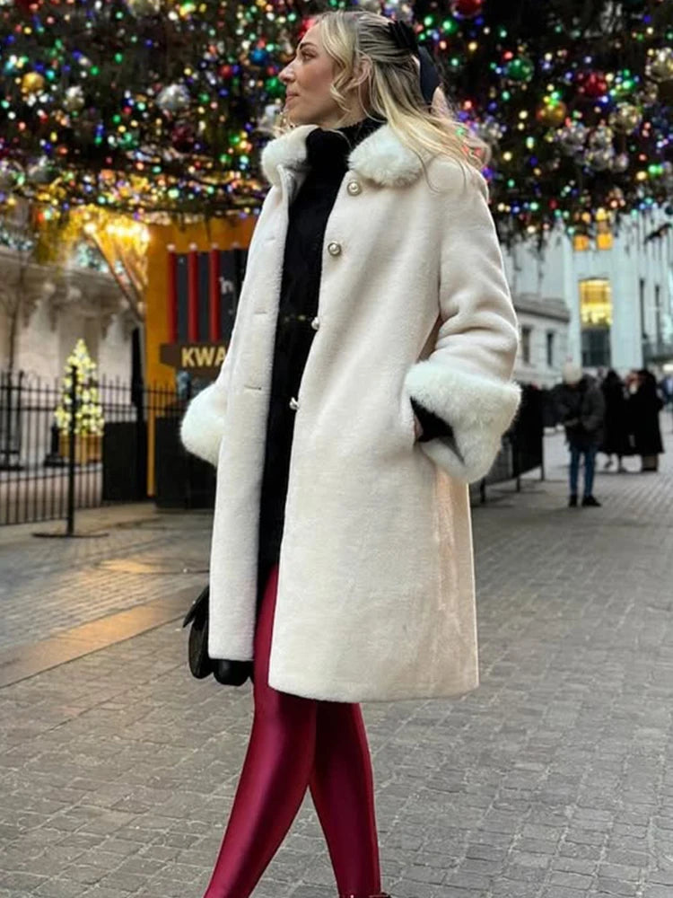 Trendix Elegant Faux Fur Collar Coat Women Winter Slim Patchwork Pocket Warm Trench Street Casual Long Faux Fox Fur Outerwear
