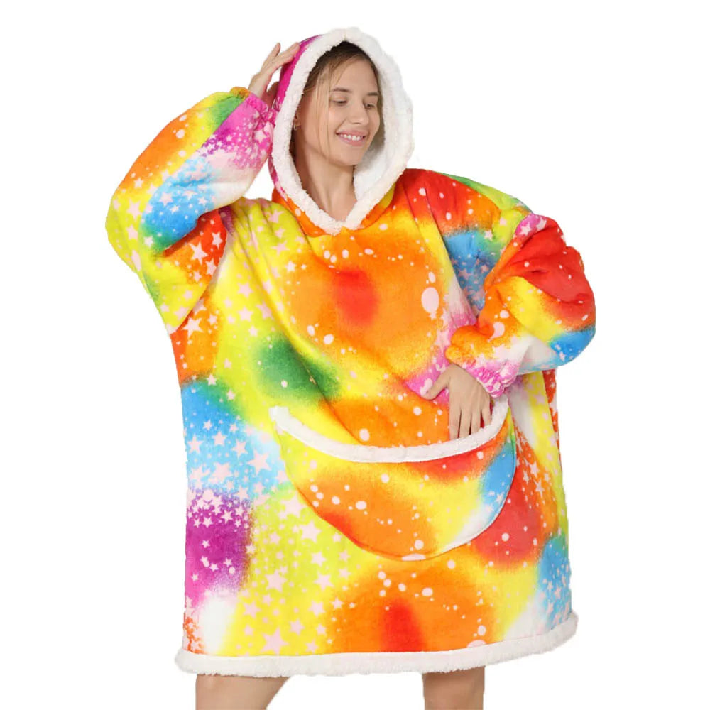 2024 Cartoon Oversized Hoodie Blanket with Sleeves Winter Warm Fleece Sweatshirt Cow Hoodies Women Men Korean Funny Print Hoodie