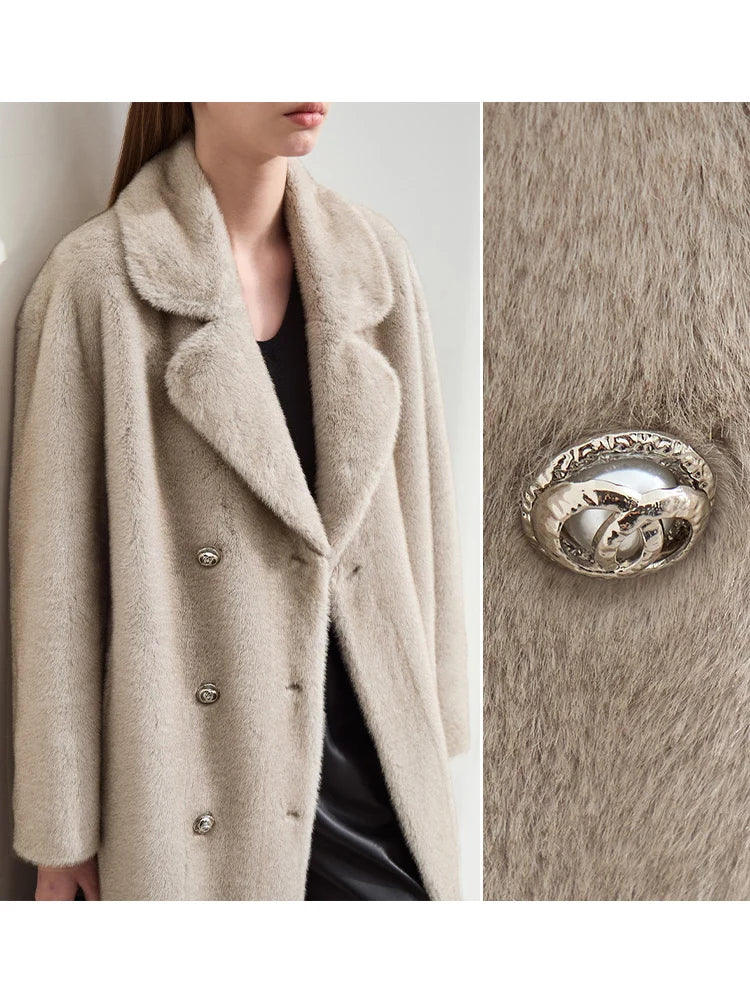AMII Minimalism Women's Imitation Mink Eco-friendly Fur Suit Collar Double-breasted 2024 Winter Loose Thick Outerwears 12424011