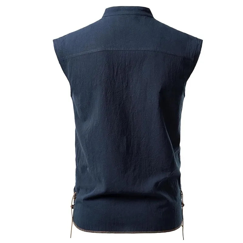 Summer Shirt Cotton Linen Sleeveless Men's Retro Casual Tanks Tops Lace Up Mandarin Collar Renaissance Vikings Pirate Costume
