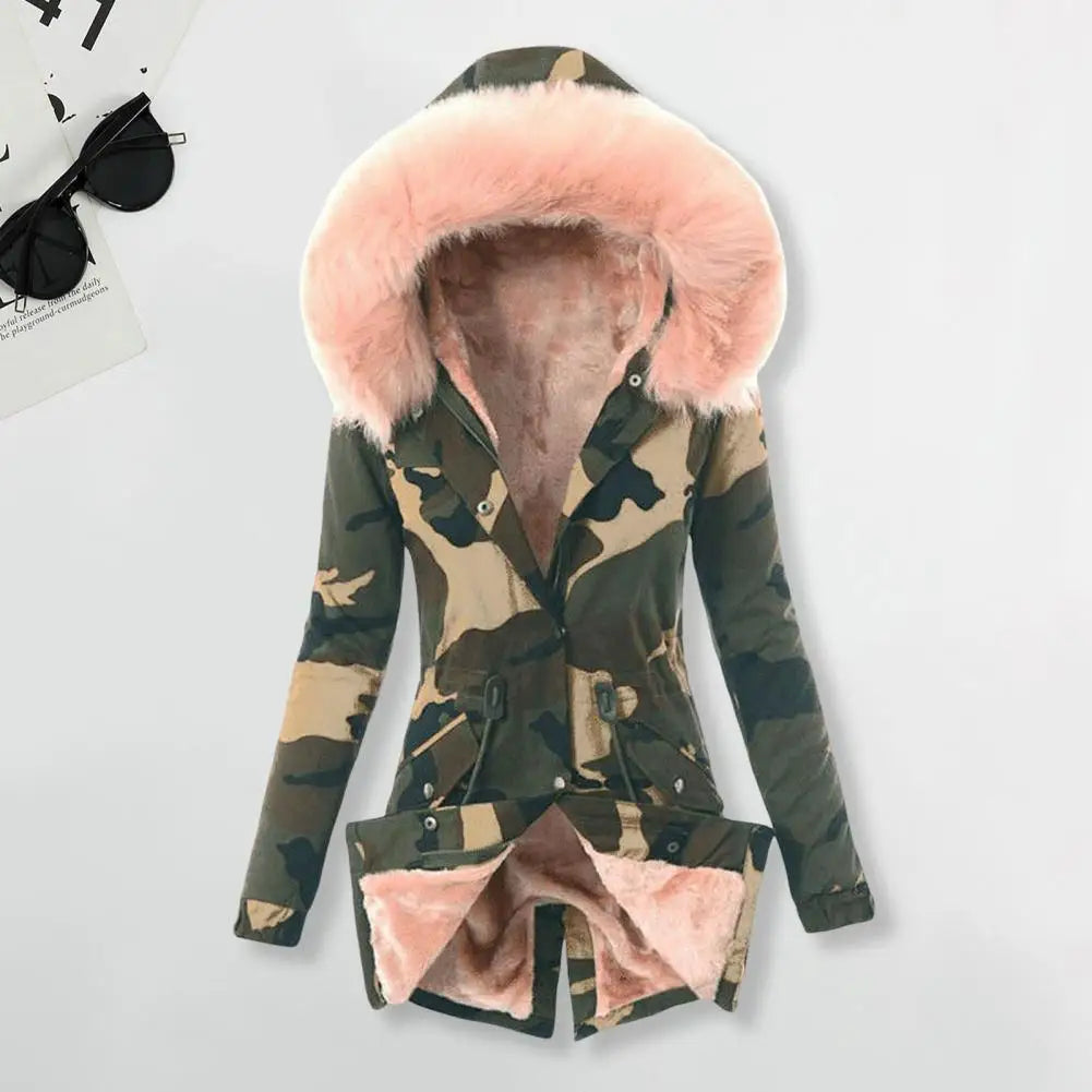 Women Winter Windproof Mid Length Jacket Faux Fur Fleece-lined Down Coat Camouflage Print Slim Fit Outerwear