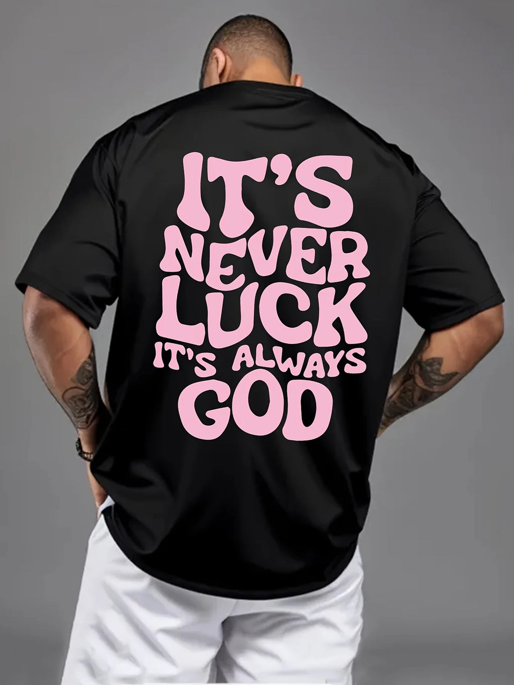 Men's Summer 100% Cotton Fashionable Casual Loose God Luck Letter Printed Sports Round Neck Short Sleeve T-shirt Top