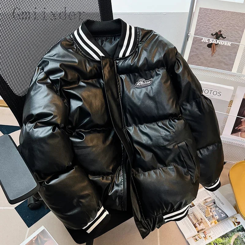 Gmiixder American Baseball Uniform PU Bomber Jacket Hip Hop Thickened Stand Collar Parkas Loose Versatile Couple Winter Coat