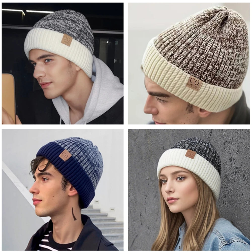 New Unisex Two-Tone Winter Hats Add Fur Lined Men And Women Fashion Warm Beanie Cap Casual Winter Knitted Hats