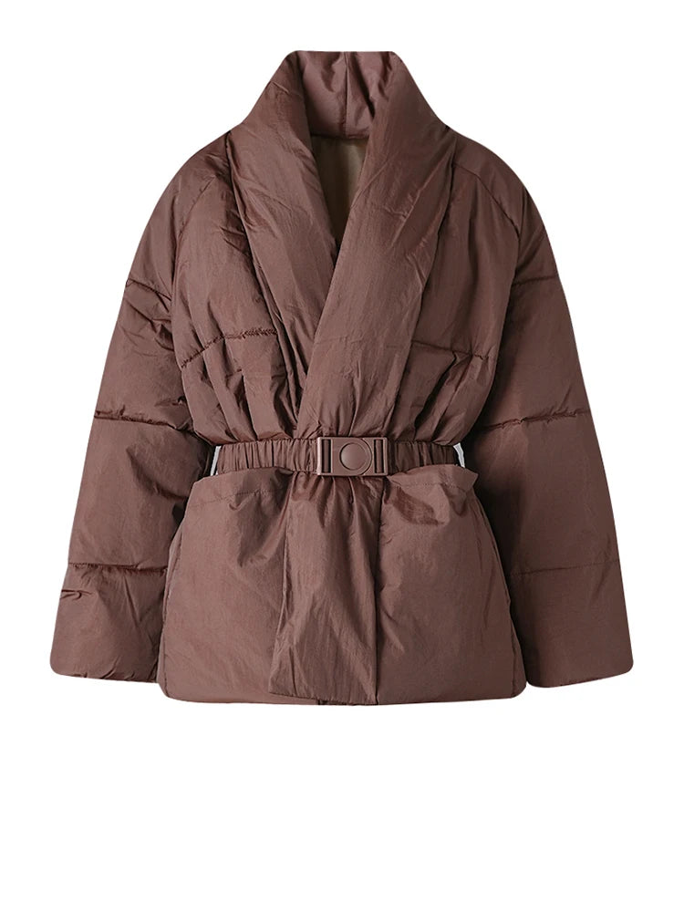 [EAM] Black Belted Big Size Keep Warm Cotton-padded Coat Long Sleeve Women Parkas Fashion Tide New Autumn Winter 2026 2Z2885