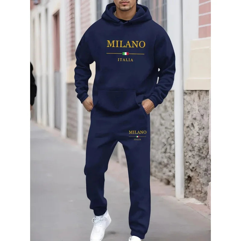 Men's autumn and winter casual fashion warm MILANO ITALIA pattern printed loose plush thick hooded sweatshirt+sweatpants set