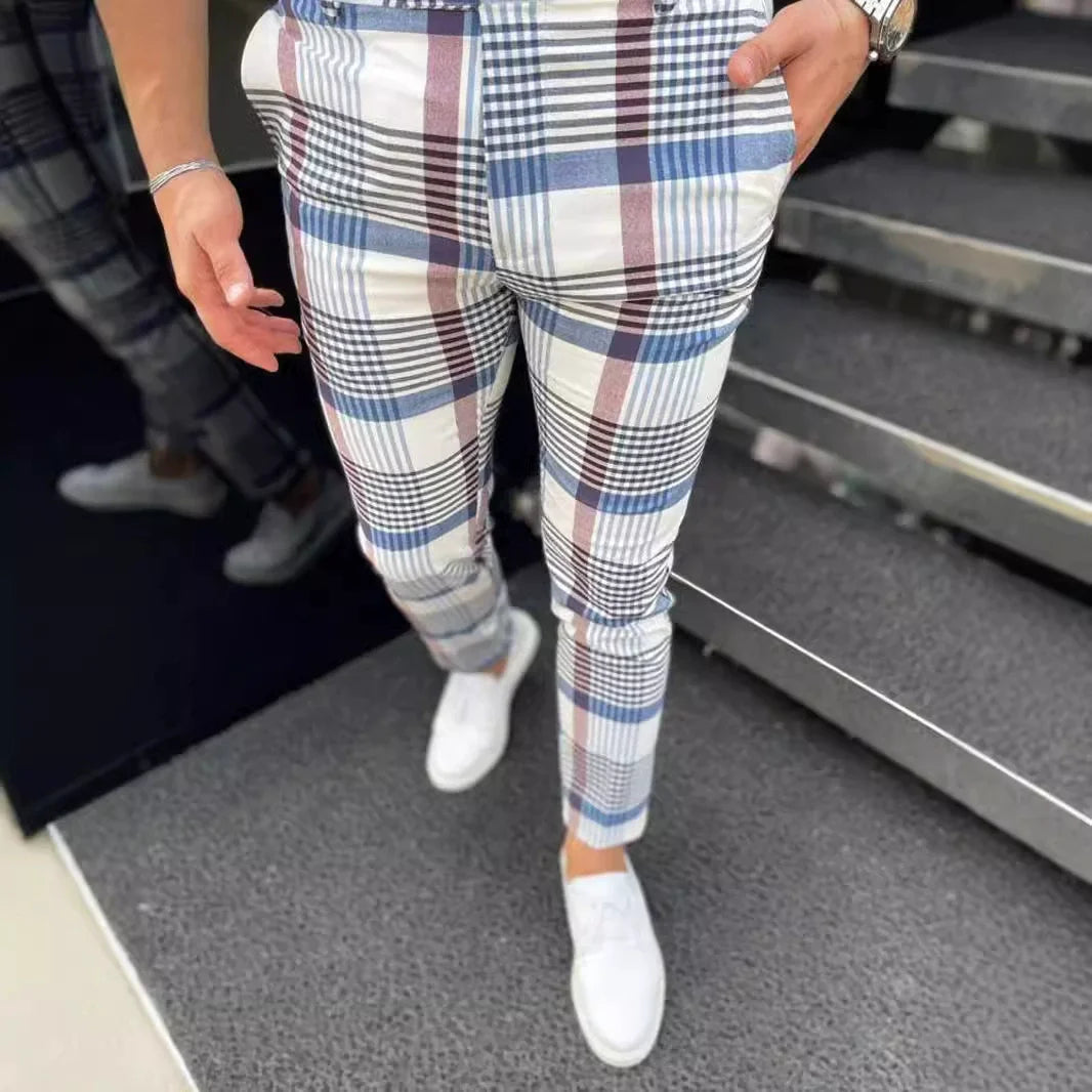 12 Colors Plaid Printed Men's Pencil Pants Business Casual Ankle Length Slim Men Suit Pants Fashion Handsome Pantalones Hombre