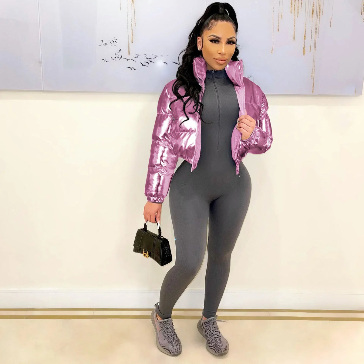 ANJAMANOR Silver Glossy Puffer Jacket Zip Up Shiny Bubble Coat Streetwear Women Clothing Winter Baddie Clothes D48-FH59