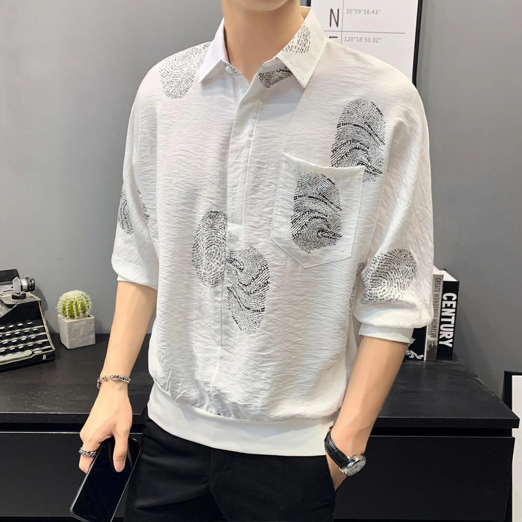 Streetwear Fashion Casual Loose T-Shirts Pullovers Turn-down Collar Printing Handsome Office Three Quarter Sleeve Men's Clothing