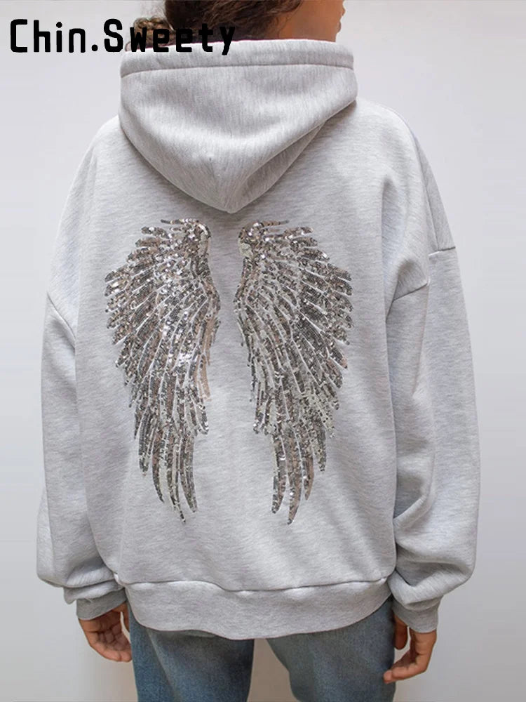 Casual Sequined Angel Wings Oversize Hoodie Women Loose Grey Long Sleeve Street Warm Pullover 2026 Autumn Lady Daily Wear New