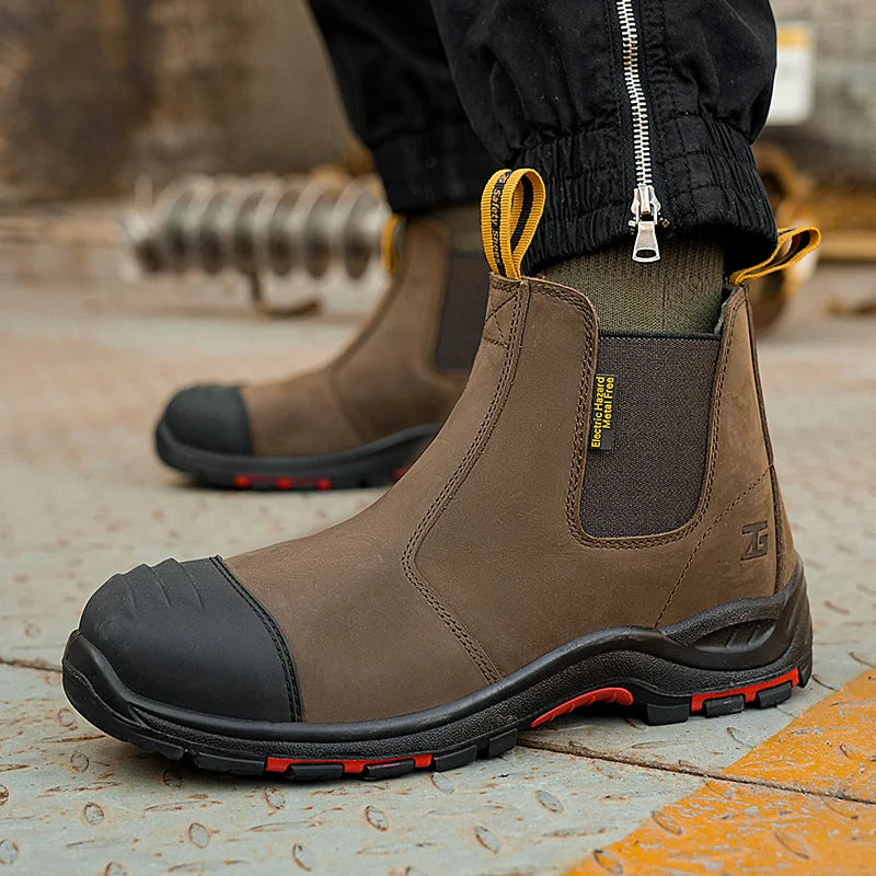 Brown  Nubuck leather Safety Boot , yellow Nubuck leather No Lace safety boot composite toe