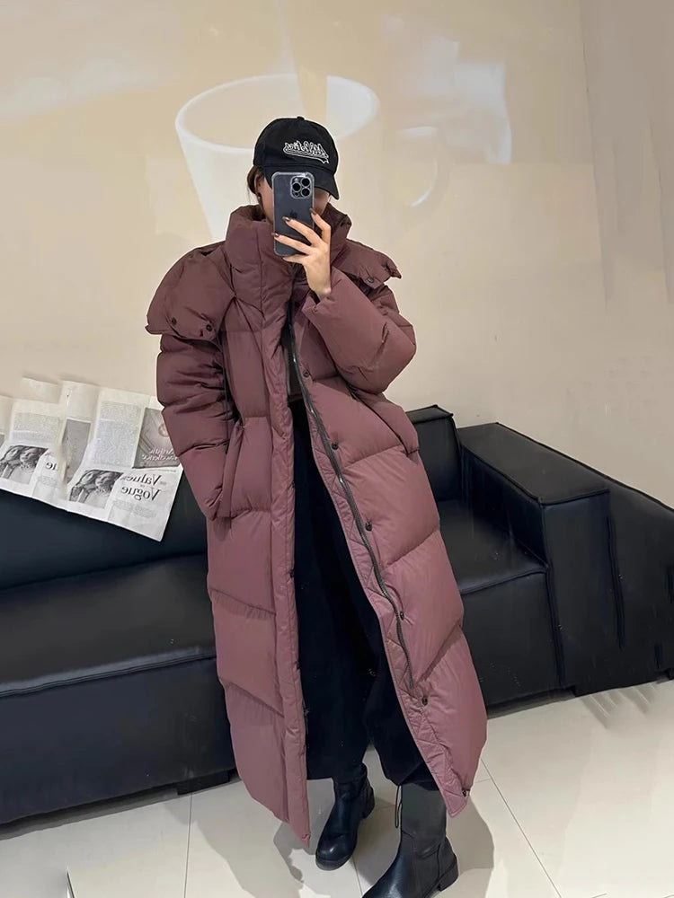 Winter Thick Long Hooded Down Jacket Female Solid Warm Outdoor Parkas Outwears Women White Duck Down Knee Length Down Jackets