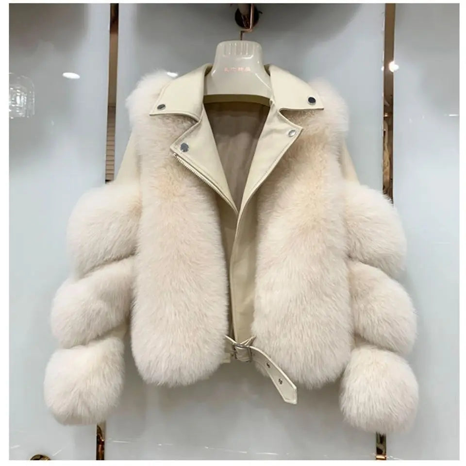 2024 Winter Chic Street Fashion Mid-length Spliced Faux Fur Coat Women Trendy Aesthetics Outfit Loose Outerwear Jackets