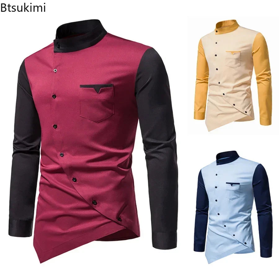2026 Men's Casual Shirts Patchwork Irregular Oblique Button Long Sleeve Men's Dress Wedding Business Shirt Tops Chemise Homme
