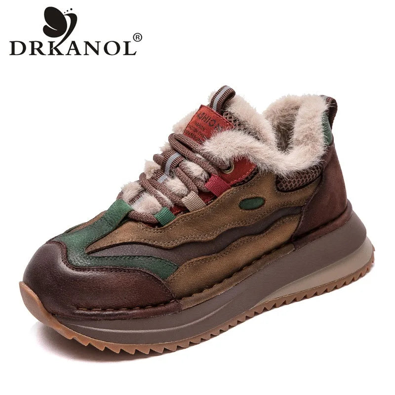 DRKANOL 2026 Women Winter Warm Shoes Handmade Retro Genuine Cow Leather Flat Platform Mixed Colors Lace-Up Fur Casual Shoes Lady