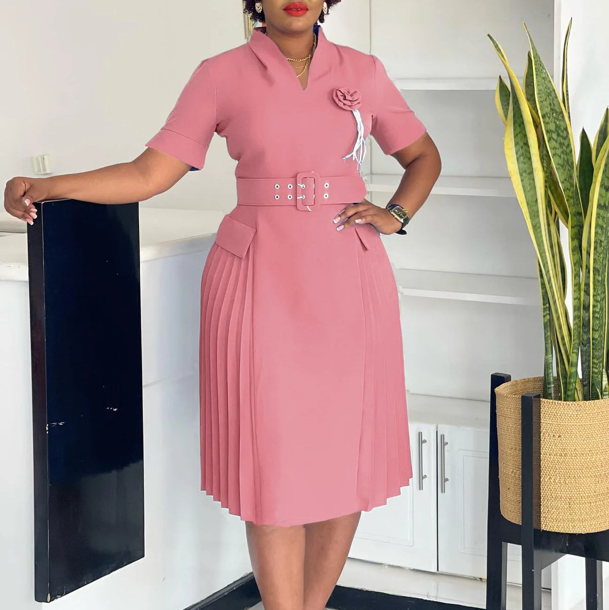 Elegant V-neck Solid Color Plus Size Pleated High-Waisted Dress for Women Fashionable 2025 A-Line Midi Dress