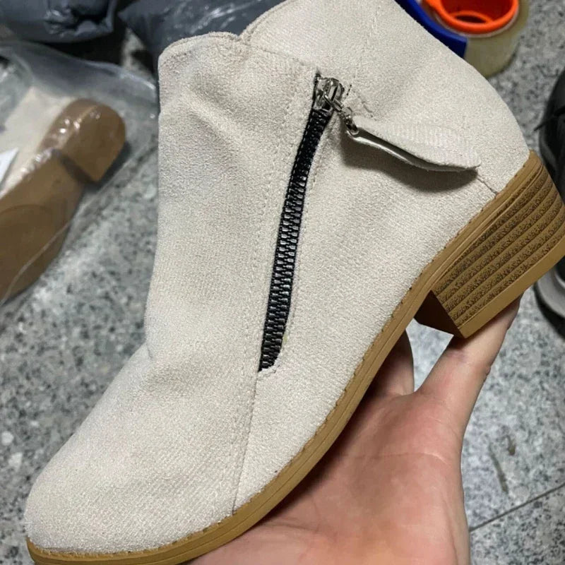 Women's Ankle Boots Autumn New Round Toe Side Zipper Women's Boots Platform Heel Large Size Fashionable Women's Leather Boots