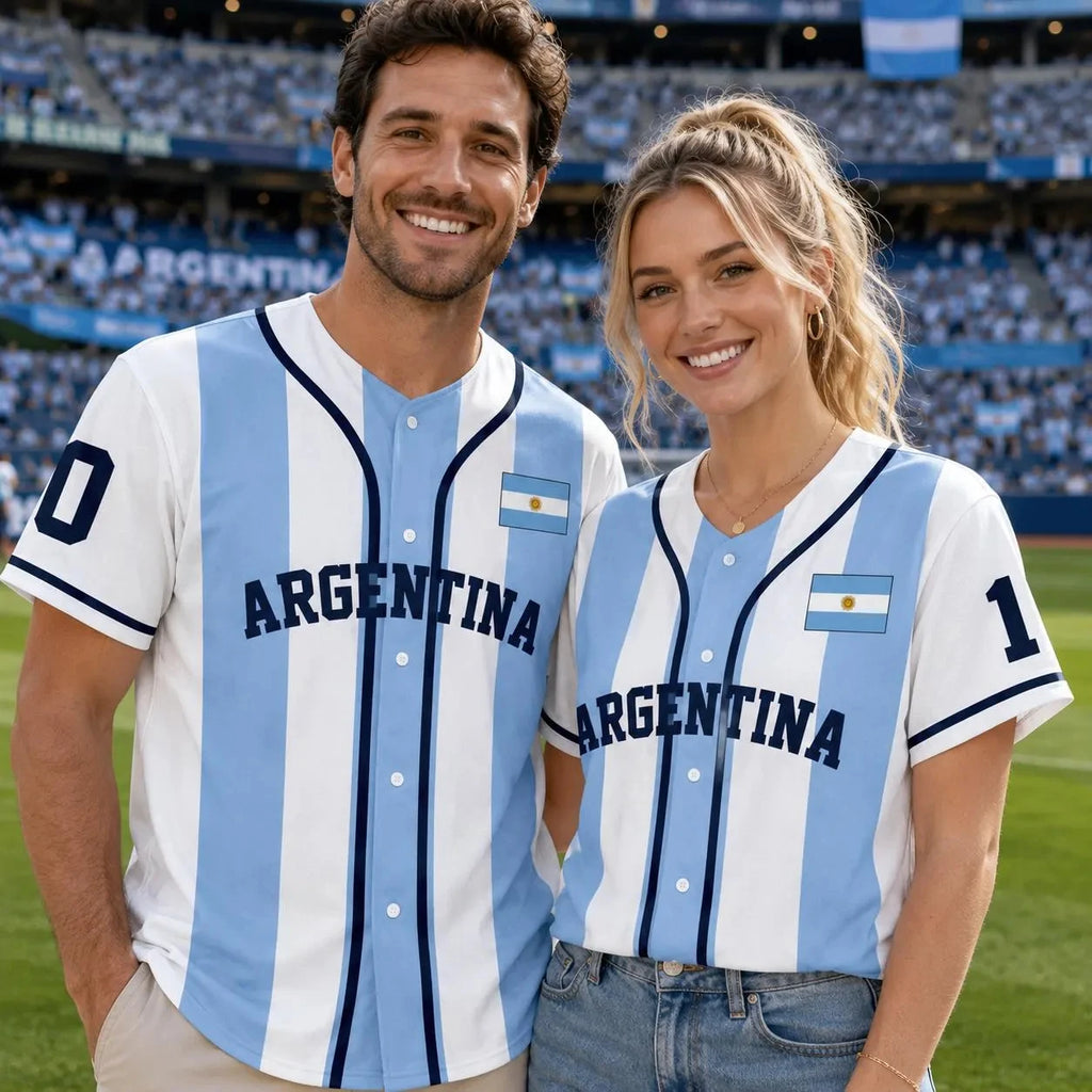 2026 Argentina Messi No.10 3 Stars Baseball Jersey Blue White Striped Short Sleeve Button Shirt Flag Print Unisex Men Women Tops