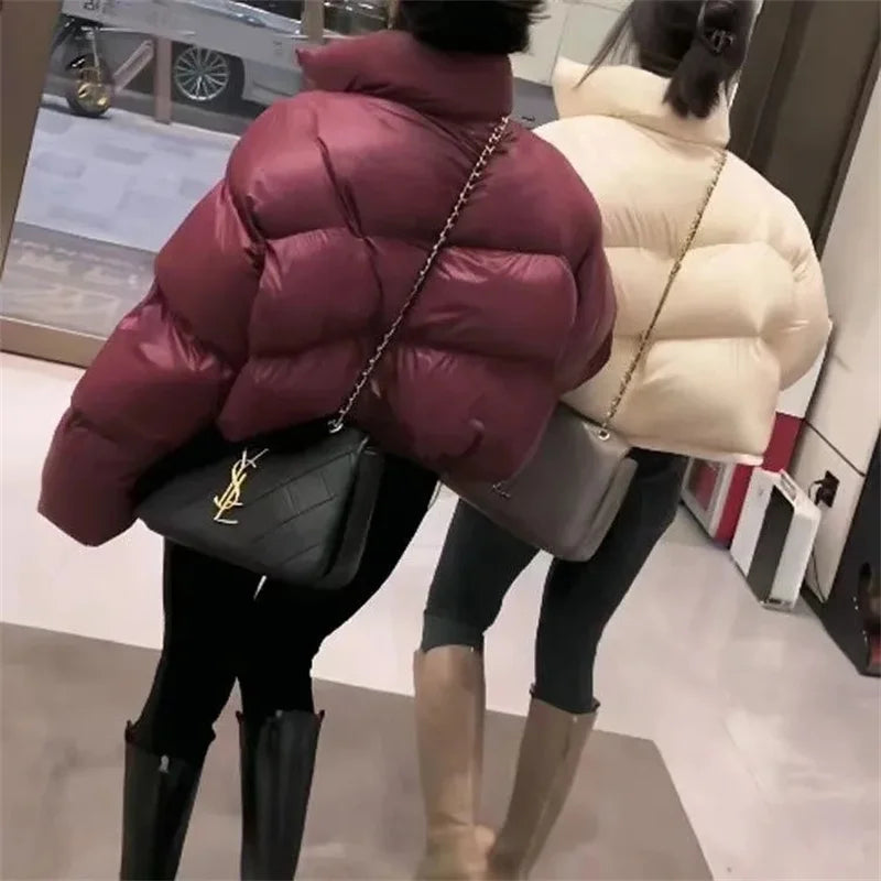 2024 Women Fashion Stand Puffer Jacket Winter Lady Long Sleeves Cotton Padded Outwear Korean Female Short Down Cotton Tops Coat