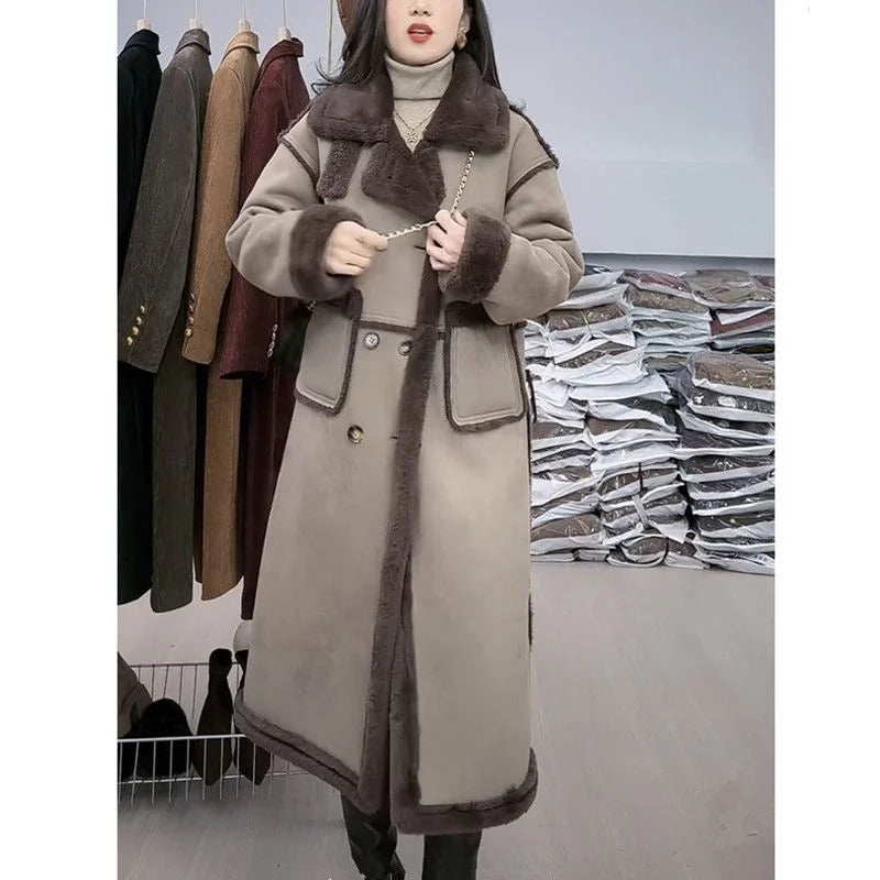 Faux Fur Coat For Women's Winter 2025 New Suede Lamb Fur Loose And Slimming Thicken Long fur Jacket wool Suede Velvet Coat Gray